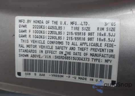 2005 Honda Cr-V Lx from USA, damaged, VIN SHSRD68515U304373